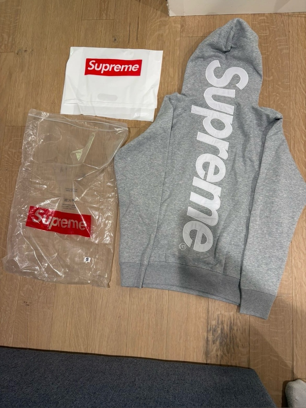 Supreme Gray Hoodie with White Vertical Logo